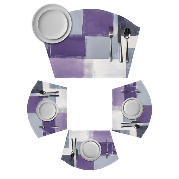 Purple Grey Round Table Placemats Set of 2 Wedge Placemats, Modern White Graffiti Square Smear Texture Place Mats for Dining Table Set Washable Mats Kitchen Decor for Indoor Outdoor Wipe Clean