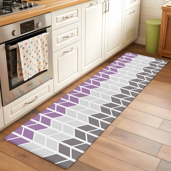 Purple Grey Runner Rug for Hallway 2x6ft, Herringbone Quadrangle Geometric Abstract Non Slip Floor Mat Washable Low-Profile Indoor Carpet for Living Room, Bedroom, Dining Room