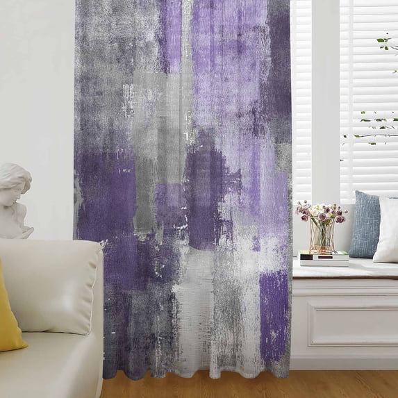Purple Grey Semi Sheer Curtains Drapes for Living Room, Bedroom, French Doors Window 72 Inches Long, Modern Oil Painted Abstract Art Aesthetics Rod Pocket Chiffon Curtain Drapery Voile Drape Panel