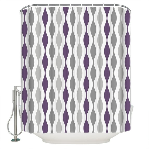 Purple Grey Shower Curtain, 48" x 72", Medieval Print Waves Geometric Waterproof Bathroom Curtain Washable Shower Curtain Set with 12 Hooks