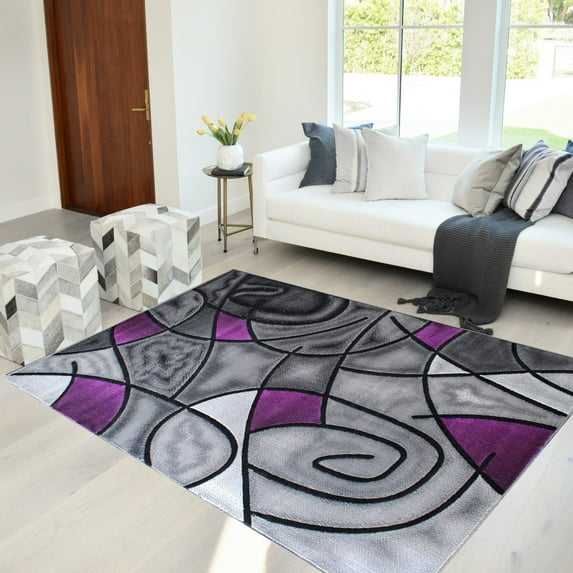Purple/Grey/Silver/Black/Abstract Area Rug Modern Contemporary Circles and Wavey Swirlls Design Pattern