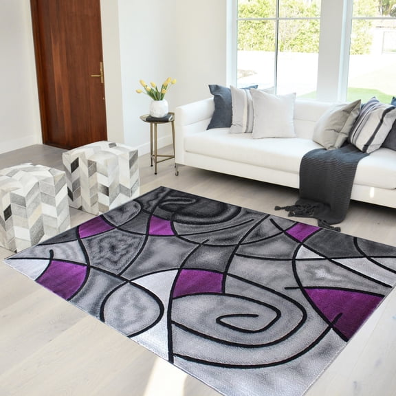 Purple/Grey/Silver/Black/Abstract Area Rug Modern Contemporary Circles and Wavey Swirlls Design Pattern