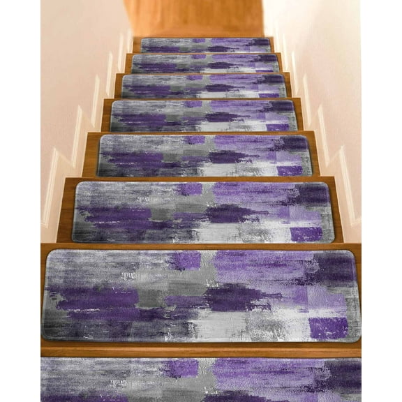 Purple Grey Stair Treads for Wooden Steps Indoor Runner Rug Carpet, Modern Oil Painted Abstract Art Aesthetics 4 Pieces Peel and Stick Staircase Step Treads Covers Washable Throw Door Mats, 30"x8"