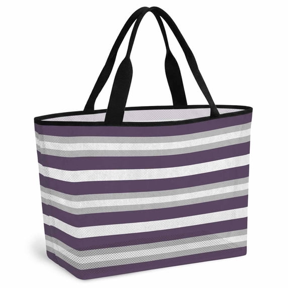 Purple Grey Stripe Beach Bag for Women, Large Breathable Mesh Beach Tote Bag, Minimalist Farmhouse Striped Sandproof Lightweight Travel Bags for Vacation Picnic Swimming Pool 15.7"x15.7"x9.1"
