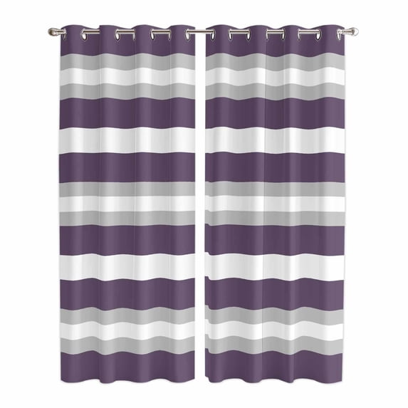 Purple Grey Stripe Kitchen Curtains 96 Inch Length, Minimalist Farmhouse Striped Grommet Top Bedroom Living Room Curtains, Light Filtering Cafe Curtain Drapes 2 Panels Set 104''x96''