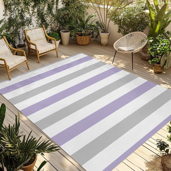 Purple Grey Stripe Outdoor Rug 6x9 Ft - Reversible Patio Rug Outdoor Camping Rugs, Modern Farmhouse Vertical Striped Washable Indoor Outdoor Area Rugs, Non-Slip Outdoor Carpet Runner for Deck/Porch