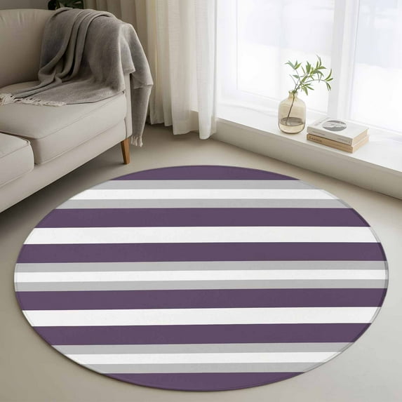 Purple Grey Stripe Round Area Rug 3 FT, Small Kitchen Bathroom Mats, Minimalist Farmhouse Striped Washable Indoor Outdoor Throw Runner Carpet Non-Shedding Doormat for Table Shower Sofa Entryway