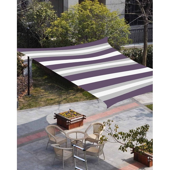 Purple Grey Stripe Sun Shade Sail 8'x10' Rectangle Outdoor Shade Canopy, Minimalist Farmhouse Striped Porch Shades Outdoor Sun Blocking Screen, Sunshade Cloth Covers for Patio/Deck/Garden
