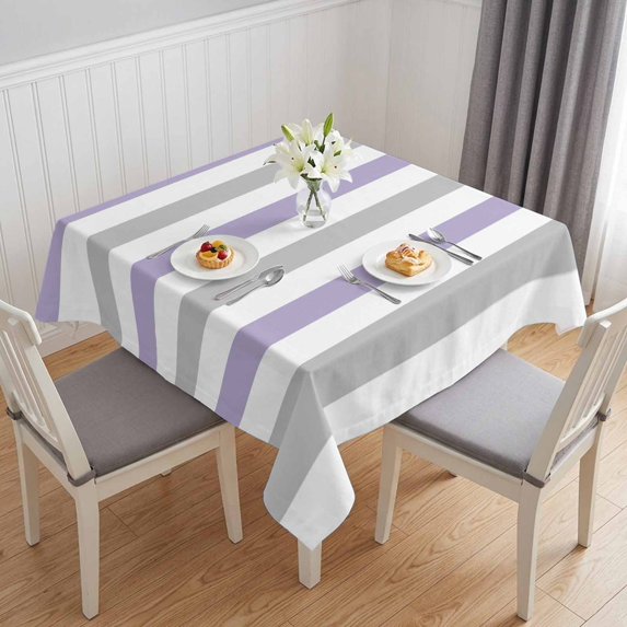 Purple Grey Stripe Table Cloth Waterproof Tablecloths, Modern Farmhouse Vertical Striped Tablecloth Dining Table Cover for Kitchen Party Tabletop Outdoor, Square Tablecloth 60x60 Inch