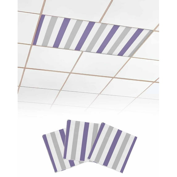 Purple Grey Striped Fluorescent Light Covers for Ceiling Lights 4x2 feet,3 Pack Magnetic Light Filters for Classroom,Minimalist Farmhouse Stripe Fluorescent Light Shade Panel for Office School Drop