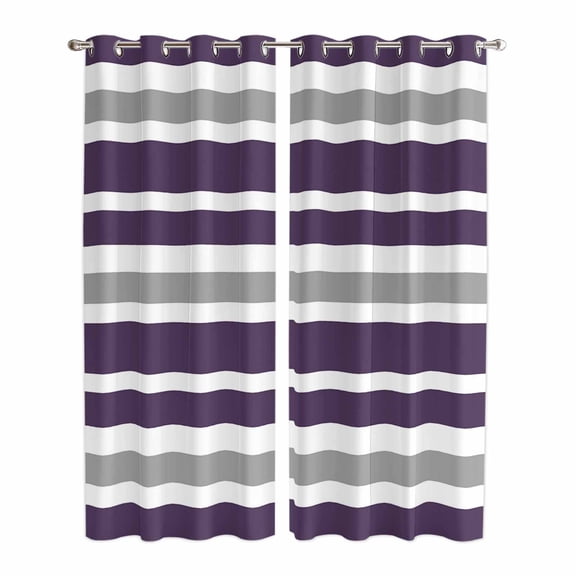 Purple Grey Striped Kitchen Curtains 84 Inch Length, Modern White Abstract Art Aesthetics Grommet Top Bedroom Living Room Curtains, Light Filtering Cafe Curtain Drapes 2 Panels Set 84''x84''