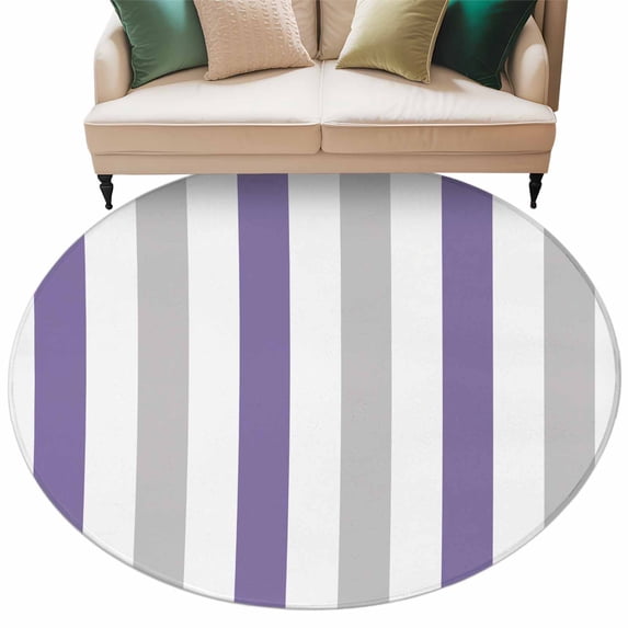 Purple Grey Striped Large Area Rugs for Bedroom Living Room, Soft Non Slip Carpet Bedside Rug, Minimalist Farmhouse Stripe Round Floor Cover Kitchen Accent Rug 5' for Dining Room/Office