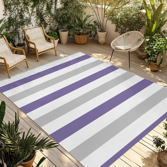Purple Grey Striped Outdoor Rug 6x9 Ft - Reversible Patio Rug Outdoor Camping Rugs, Minimalist Farmhouse Stripe Washable Indoor Outdoor Area Rugs, Non-Slip Outdoor Carpet Runner for Deck/Porch