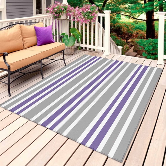 Purple Grey Striped Outdoor Rug for Patio/Deck/Porch, Non-Slip Large Area Rug 5 x 8 Ft, Horizontal Lines Simple Minimalist Indoor Outdoor Rugs Washable Area Rugs, Reversible Camping Rug Carpet Runner