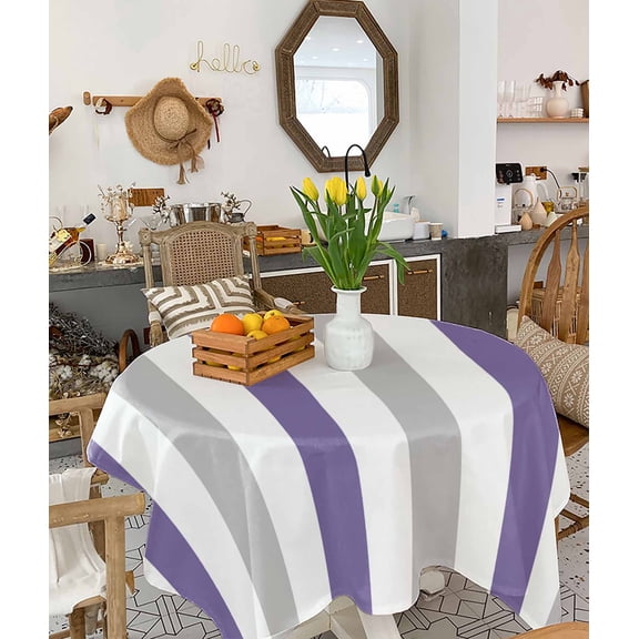 Purple Grey Striped Tablecloth Square Table Cloth 54x54, Waterproof Tablecloth Outdoor Table Cloth, Minimalist Farmhouse Stripe Washable Table Cover for Kitchen Dining Party