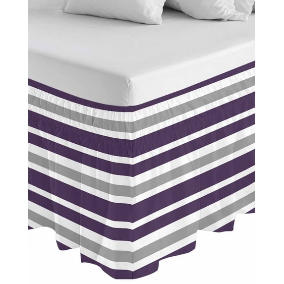 Purple Grey Striped Wrap Around Bed Skirts for King Bed 16" Drop,Bed Skirt with Adjustable Elastic Belt Dust Ruffle Bed Valance for Bedroom Hotel Modern White Abstract Art Aesthetics Bed Frame Cover
