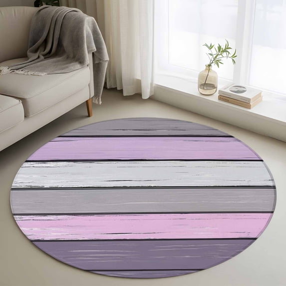 Purple Grey Stripes 3FT Round Area Rugs for Living Room 111 Vintage Coastal Style Wood Texture Ultra-Thin Non-Slip Round Rugs Machine Washable Low Pile Circle Carpet for Bedroom Kitchen Nursery