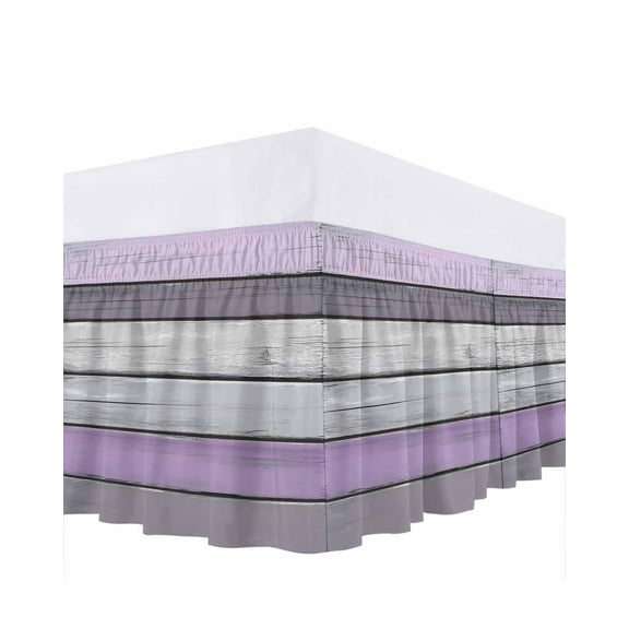 Purple Grey Stripes Bed Skirt Queen Size 18" Drop Rustic Atmosphere Wood Grain Ruffled Wrap Around Bed Skirts Adjustable Elastic Bedskirt Dust Ruffle for Queen Size Bed