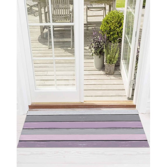 Purple Grey Stripes Front Door Mat Paint Peeling Effect Wood Texture Welcome Doormat Indoor Outdoor Entrance Floor Mat Non-Slip Washable Runner Rug for Front Porch Decor 16x47 Inch