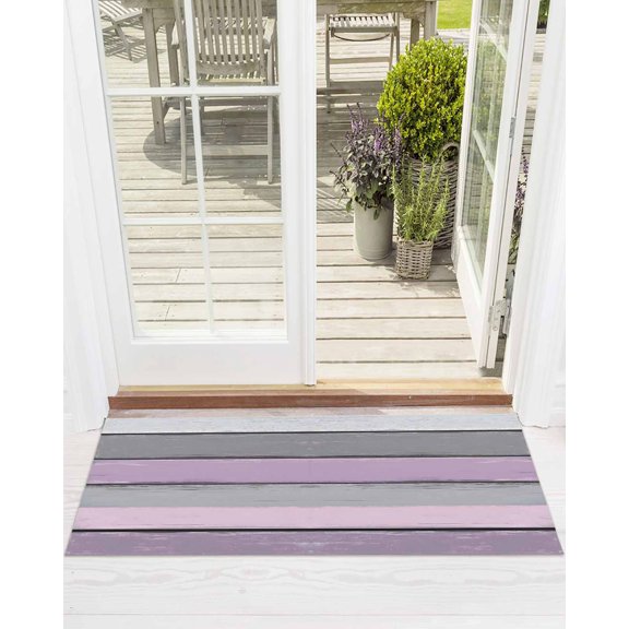 Purple Grey Stripes Front Door Mat Paint Peeling Effect Wood Texture Welcome Doormat Indoor Outdoor Entrance Floor Mat Non-Slip Washable Runner Rug for Front Porch Decor 20x47 Inch