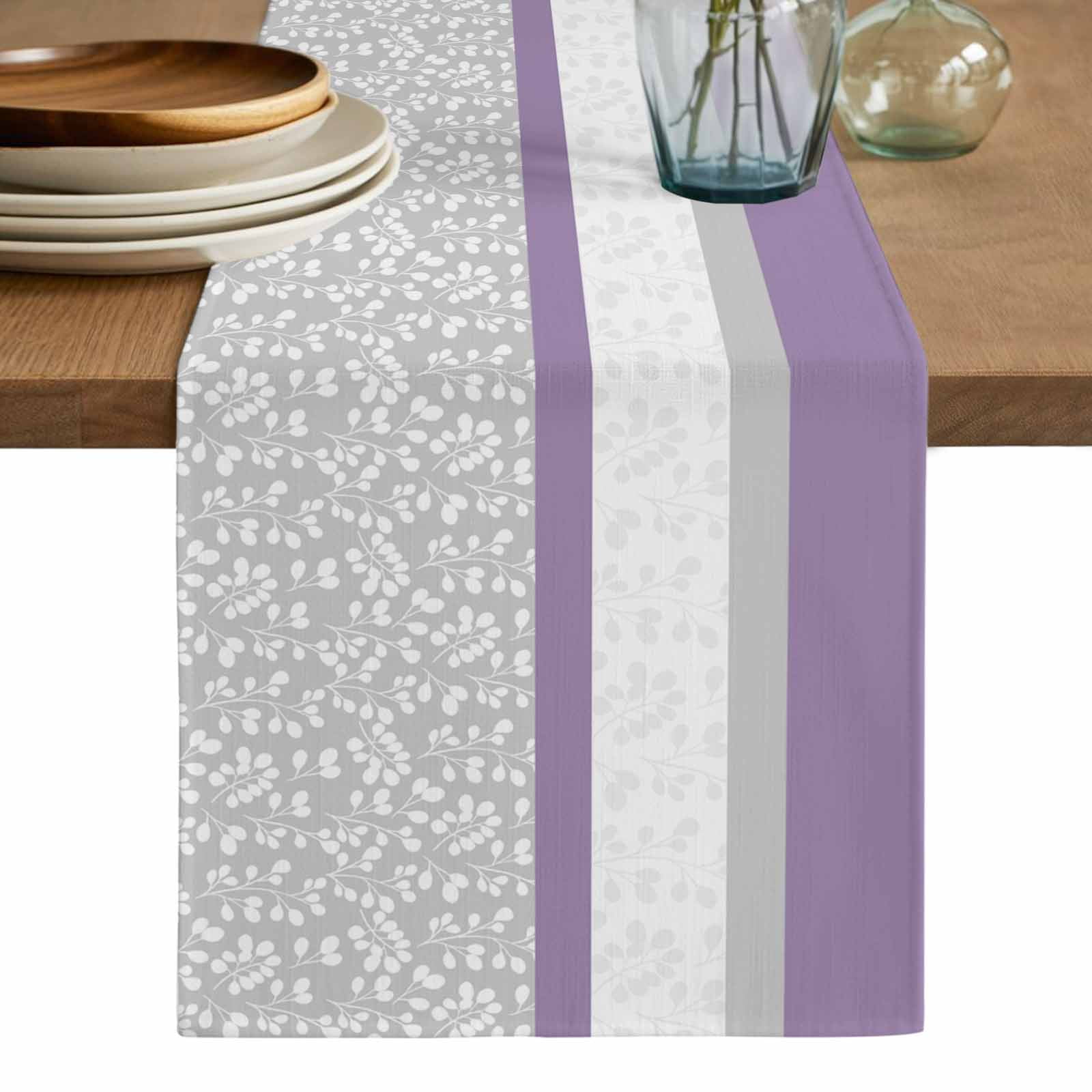 Purple Grey Table Runner, Chic Garden Floral Stripe Aesthetic Flower ...