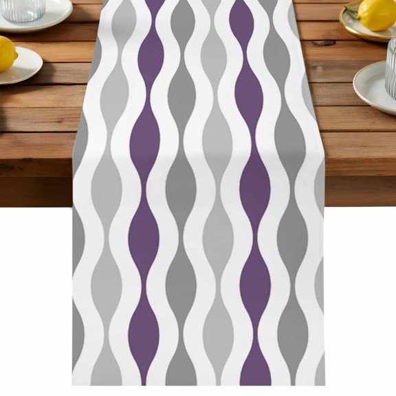 Purple Grey Table Runner, Medieval Print Cotton Linen Table Cloth, Waves Geometric Tablerunner for Kitchen Dining Party Wedding Home Decor 13x36 Inch