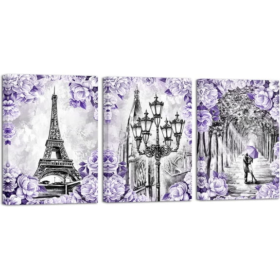 Purple Grey Wall Art Paris Eiffel Tower Street Landscape Painting Purple Flower Picture Canvas Prints Framed Ready to Hang 12"x16"x3 Panels