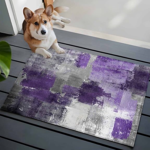Purple Grey Washable Area Rug 2x3 Modern Graffiti Brush Art Abstract Low-Profile Area Rugs with Non Slip Backing Indoor Floor Carpet for Entrance Living Room Bedroom Home Office