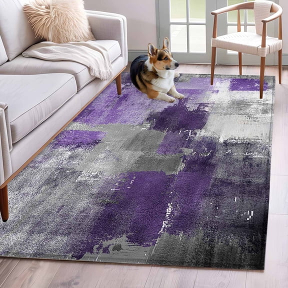 Purple Grey Washable Area Rug 3x5 Modern Graffiti Brush Art Abstract Low-Profile Large Area Rugs with Non Slip Backing Indoor Floor Carpet for Entrance Living Room Bedroom Home Office
