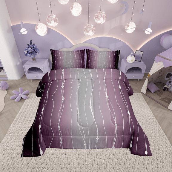 Purple and Grey Watercolor Bedding Set Twin Wave Stripe and Dots Comforter Set, Geometric Aesthetic Duvet Insert Ombre Gradient Quilt Comforter, Modern Abstract Lines Bedding Comforters & Sets