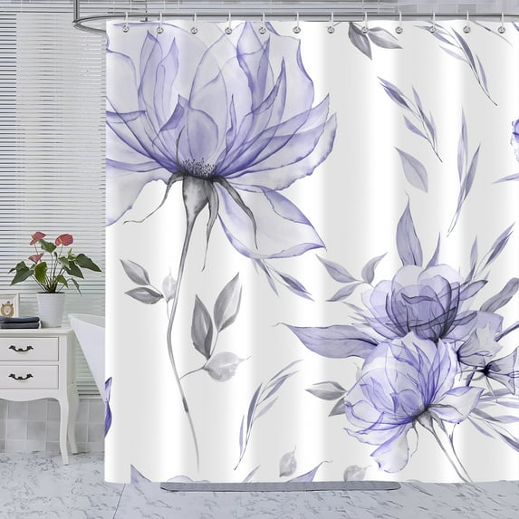 Purple Grey Watercolor Floral Shower Curtain, Flower Leaves Minimalist Aesthetic Art Shower Curtains for Bathroom Sets Decor, Waterproof Polyester Cloth Fabric with 12 Hooks,72x72 Inch