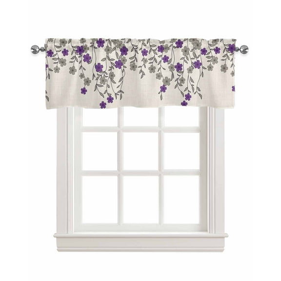 Purple Grey Weeping Floral Linen Curtain Valance for Bedroom/Bathroom/Kitchen/Office/Living/Dining Room Window,Chic Summer Botanical Rustic Rod Pocket Topper Decorative Cafe Drapes Panel 42"x12"