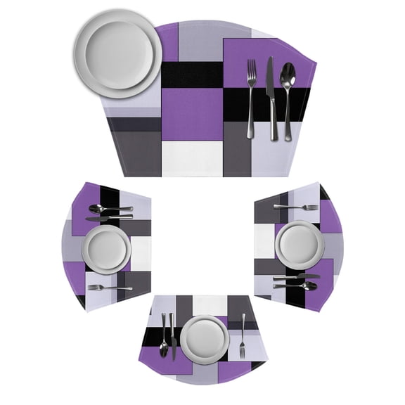 Purple Grey White Round Table Placemats Set of 2 Wedge Placemats, Modern Abstract Retro Middle Century Place Mats for Dining Table Set Washable Mats Kitchen Decor for Indoor Outdoor Wipe Clean