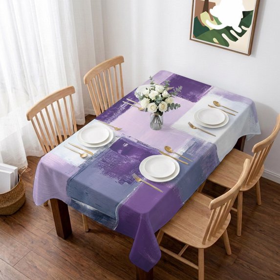 Purple Grey White Table Cloth Waterproof Tablecloths, Abstract Modern Oil Painting Geometric Tablecloth Dining Table Cover for Kitchen Party Tabletop Outdoor, Rectangle Tablecloth 60x84 Inch