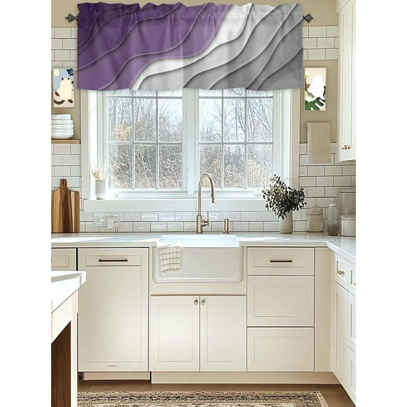 Purple Grey White Wave Valance for Kitchen Windows, Abstract Geometric Rod Pocket Valances Short Curtains, Modern Ripple Stripe Curtain Valance for Bedroom Bathroom 1 Panel 54x18in