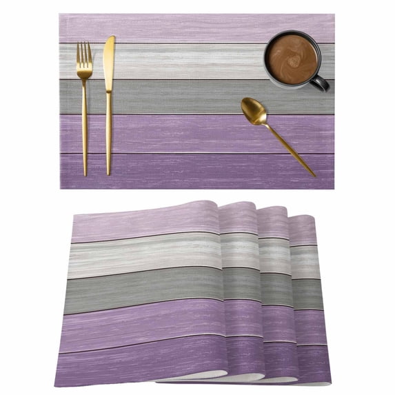 Purple Grey Wood Grain Placemats Set of 4, Ombre Rustic Retro Wooden Plank Placemats for Dining Table, Place Mats for Kitchen Tabletop, Waterproof Wipeable Dining Table Mats Set