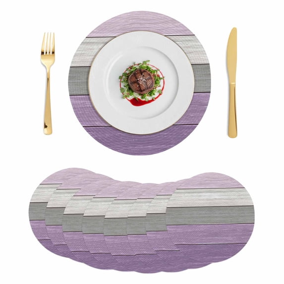 Purple Grey Wood Grain Round 13 Inch Placemats Set of 8, Ombre Rustic Retro Wooden Plank HeatResistant Non Slip Place Mats for Dining Table, Wipeable Braided Kitchen Table Mats for Housewarming