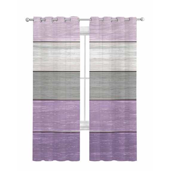 Purple Grey Wood Grain Sheer Curtains 63 Inch Length 2 Panels Set for Living Room/Bedroom, Ombre Rustic Retro Wooden Plank Kitchen Curtains Grommet Semi-Sheer Curtains Window Treatments 42"x63"x2
