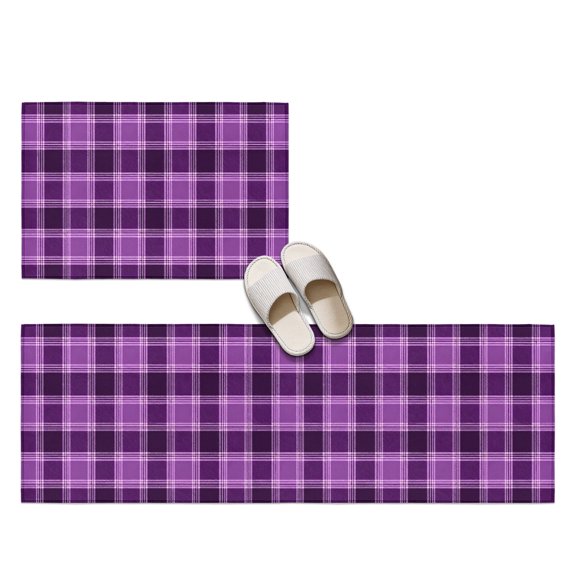 Purple Grid 2 Pieces Non-Slip Kitchen Mat Set, Minimalist Plum Purple Plaid Stripes Vintage Country Soft Door Mat with Rubber Backing, Dirtproof Rugs for Entrance Doorway, 20x24in+20x48in