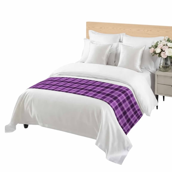 Purple Grid Bed Runner for Bedroom, Minimalist Plum Purple Plaid Stripes Vintage Country Decorative Satin Bed Runners & Scarves for Foot of Twin Beds Bedding Throws for Hotel Guest Room 71" x 20"