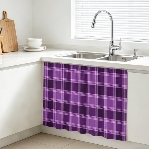 Purple Grid Cabinet Curtains for Kitchen 10"W x 11"L, Minimalist Plum Purple Plaid Stripes Vintage Country Under Sink Skirt Magic Tape Short Curtain Decorative Privacy Panel for Bathroom Laundry
