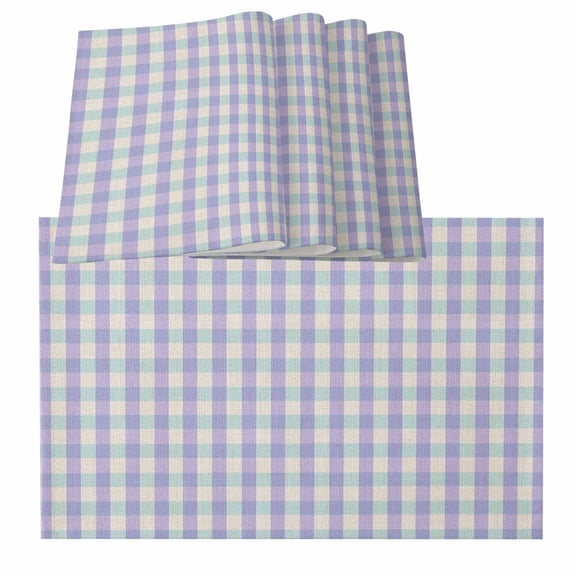 Purple Grid Checkered Plaid Gingham Lattice Trellis Burlap Kitchen Place Mats Waterproof Cloth Table Mats, Indoor Outdoor Placemats Easy Clean Dinner Decor