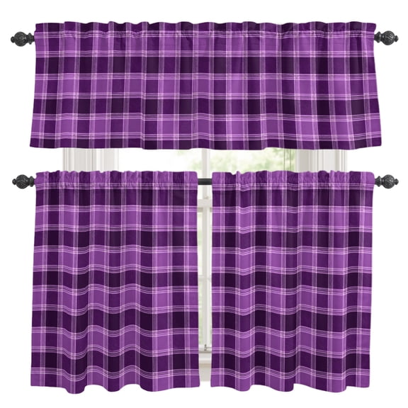 Purple Grid Kitchen Curtains and Valances Set, Minimalist Plum Purple Plaid Stripes Vintage Country 3 Piece Curtains Valances and Tiers Set Rod Pocket for Kitchen Bathroom Windows 36 Inch