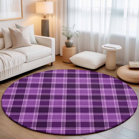 Purple Grid Round Rug 4Ft Minimalist Plum Purple Plaid Stripes Vintage Country Circle Area Rugs Washable Non Slip Indoor Floor Mats Carpet for Living Room Bedroom Dining Room Home Decor
