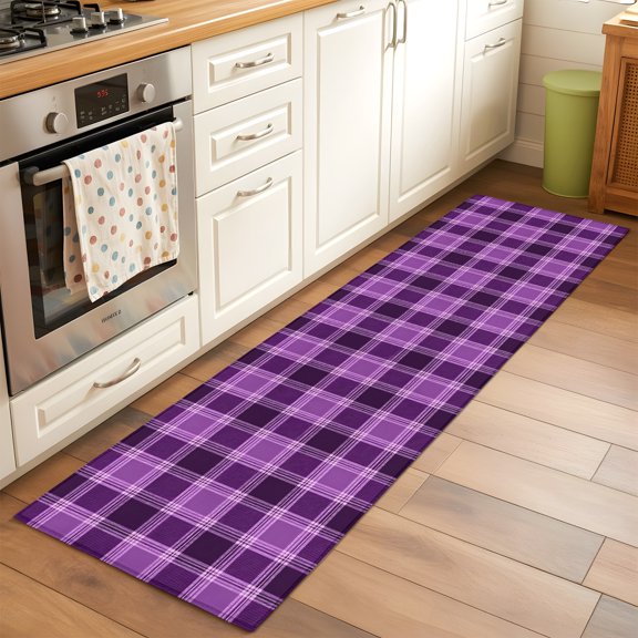 Purple Grid Runner Rug Non Slip 2x6 Minimalist Plum Purple Plaid Stripes Vintage Country Washable Rug Runner for Hallways Low Pile Kitchen Rugs Stain Resist Carpet for Bathroom Bedroom Entryway