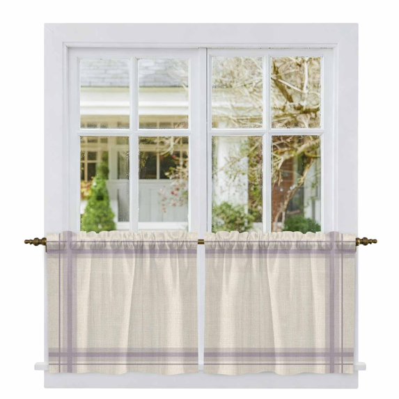 Purple Grid Stripes Tier Curtains 36 Inch Length, Boho Minimalist Lines Texture Beige Cafe Short Curtains for Bathroom Over Sink, Small Kitchen Curtain Light Filtering Drapes 2 Panels 27.5"Wx36"L