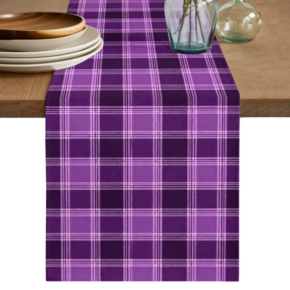 Purple Grid Table Runner, Minimalist Plum Purple Plaid Stripes Vintage Country Cotton Linen Table Cloth, Tablerunner for Kitchen Dining Party Wedding Home Decor 13x36 Inch