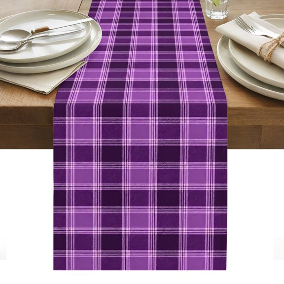 Purple Grid Table Runner, Minimalist Plum Purple Plaid Stripes Vintage Country Washable Kitchen Table Runners Dress Scarves for Dining Table Decorations Party/Restaurant/Indoor Outdoor Use, 13x60in