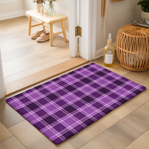 Purple Grid Washable Small Entryway Area Rugs 2'x3', Minimalist Plum Purple Plaid Stripes Vintage Country Washable Throw Rug Non-Slip Sturdy Edge Binding Carpet for Front Door Floor Room Entry