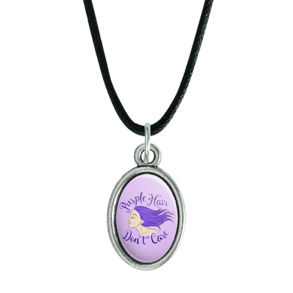 Purple Hair Don't Care Antiqued Oval Charm Pendant with Black Satin Cord
